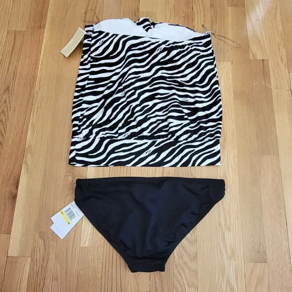 Michael Kors Black Logo-Ring Blouson Tankini Top & Hipster Bottom Size Medium